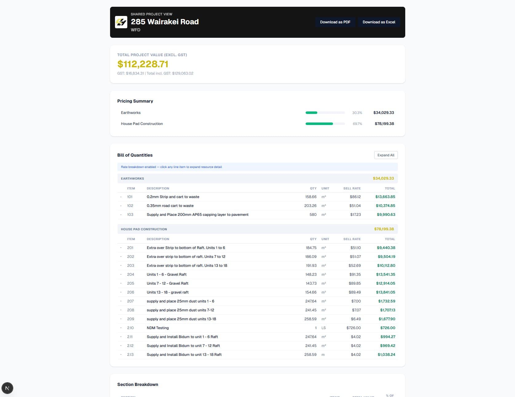 BidQ shareable pricing viewer — send professional QS pricing to NZ and Australian construction clients